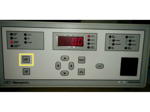 Turn off the room light to eliminate the disturbance as much as possible for the measurement. Before turning on the lamp, all three indicators on the top-left side of the lamp house should be off. Press Lamp Start button on the Arc Lamp Power Supply.