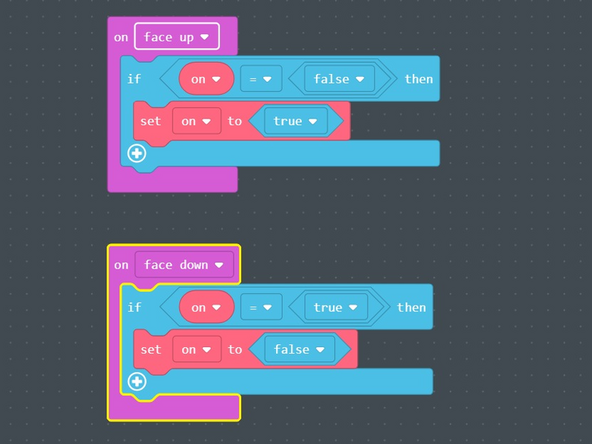 I added additional code (image 2) that will make the lights turn off when the fireball is flipped upside down and vice versa