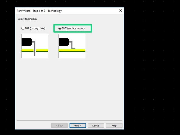 With Ultiboard open, choose to create a new project of type PCB design.  Launch the Part wizard in Ultiboard (Tools -&gt; Part wizard) and choose to create a surface mount (SMT) part.