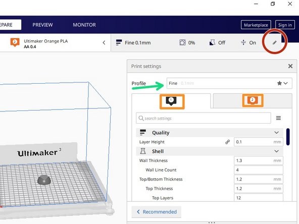 To enter the print settings menu, click on the pen icon in the top right of the window