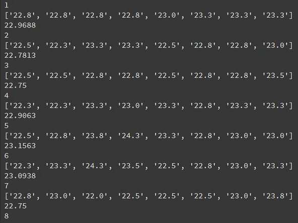 After the device is initialized, we can call it with some specific properties. variable.temperature returns the specific temperature of the sensor itself. variable.pixels returns 8 strings with 8 values each, one for each pixel reading that the camera takes. This can be represented all at once or separated.