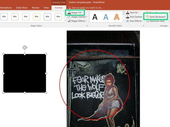 Click on the shape you created to select it, then go to the Format tab, select Send Backwards, then Send to Back.  This puts the shape behind your image.  From the same tab, click on Shape Fill and choose a color that matches your image background.  Select Shape Outline and set this parameter to No Outline.