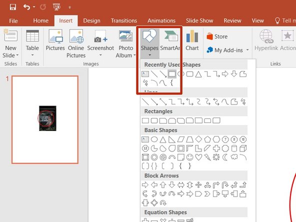 If you need to fill in gaps, like the white to the left of this example image in the previous step, you can use the Shape tool, found under the Insert menu.  Insert a rectangle of arbitrary size.