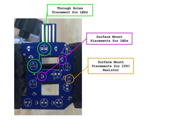 The Bucknell B consists of both TH (through hole) and SM (surface mount) components. It consists of five Orange SM LEDs, five blue SM LEDs, five TH Orange LEDs, five TH Blue LEDs, and one 100Ω SM Resistor.