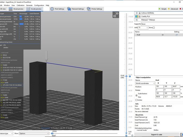 The first image shows a 3D capital letter &quot;H&quot; generated with support material which is normally needed.