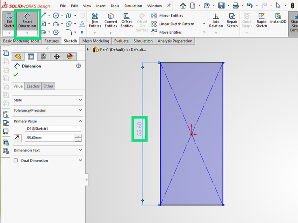 Click on the Smart Dimension button and then click on the long edge of the rectangle you just drew.  Drag the dimension out and click to anchor it.  A pop up box will appear and allow you to enter a value.  Enter 55.6.