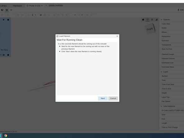 Wait until you have a clean run of the filament, and then click &quot;Next&quot; to stop extrusion.
