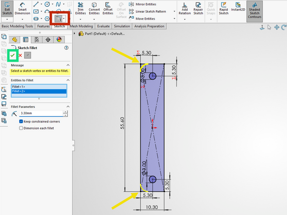 Click on the Sketch fillet button in the Sketch tab.  A fillet is a rounding of an interior or exterior corner of a sketch or part.