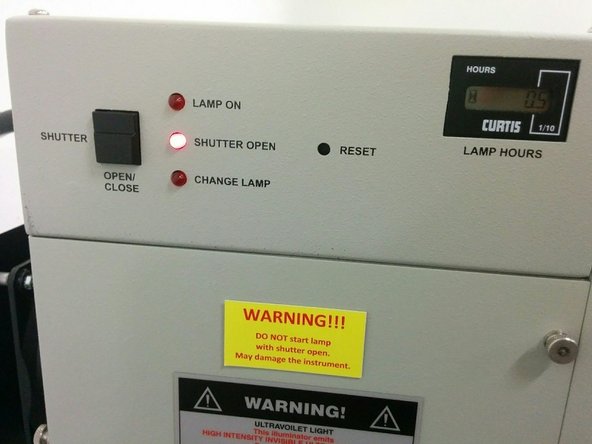 When the test is done (there is no more numbers displayed on the screen of the source meter), turn the lamp off by pressing the Lamp Off button on the power supply. Check if the Shutter Open indicator is still on. If so, press the Open/Close button to close the shutter. Make sure the indicator is off. Turn on the room light.