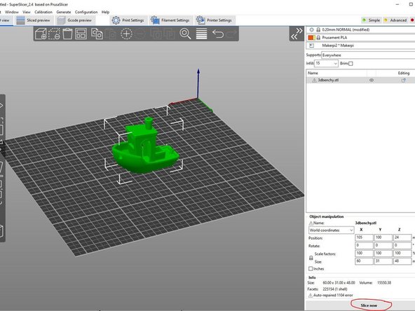 Once you are satisfied with the orientation of the part, select the &quot;Slice now&quot; button on the bottom right of the window.