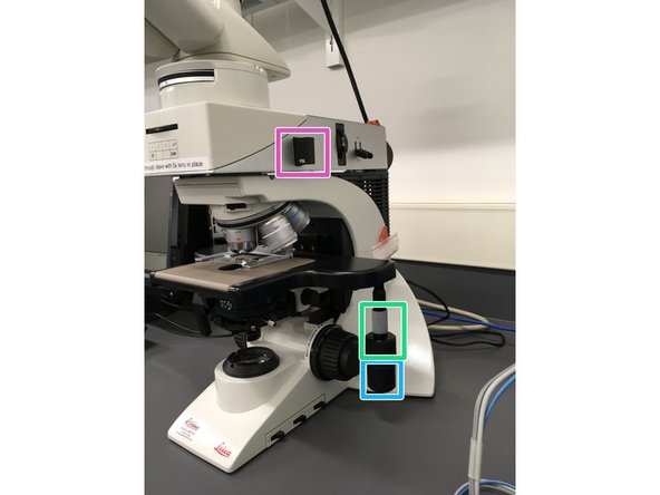 Objective lens selector - This lens selects the magnification of your image at the expense of working distance and for some lenses field of view.