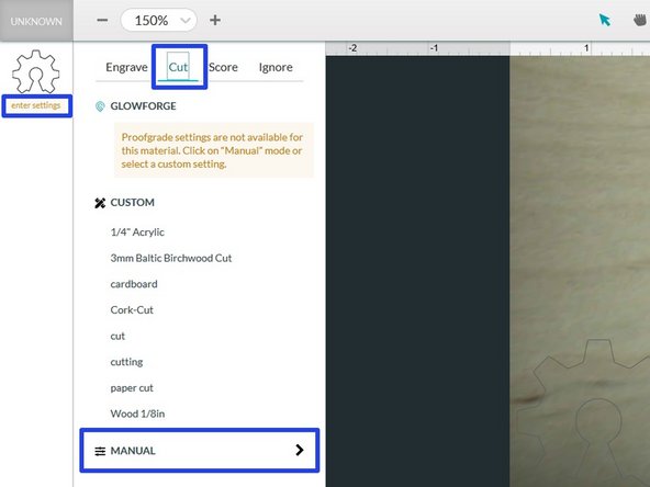 Now you need to enter the settings the laser will use to cut out your design.  Find your design in the left column and click on enter settings to display a dialog.  Be sure that the Cut tab is selected and then click on Manual at the bottom.