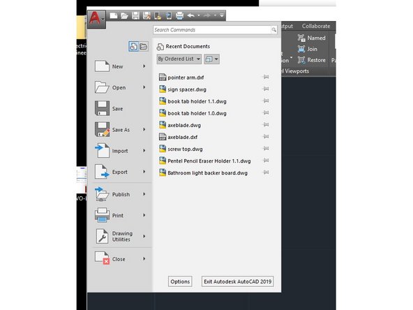 Go to the big red A in the upper left corner and save your file first as a AutoCAD .dwg file.  If you need to edit your work later you can open this file and make changes.