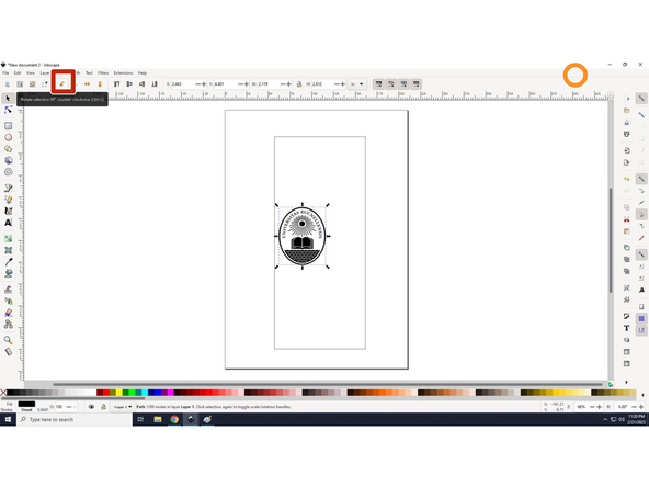 First, click on emblem vector image and rotate it 90 degrees counter-clockwise. Look at picture 1, icon boxed in red will allow you to rotate emblem as described above.