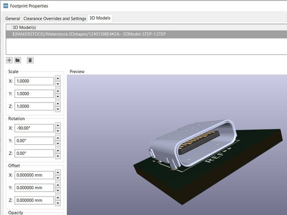 With the Footprint Editor window still open, locate a footprint with a known 3D model included.  In this example we will use the 12401598E4#2A USB C connector.  Double click the footprint to load it on the right side of the window.