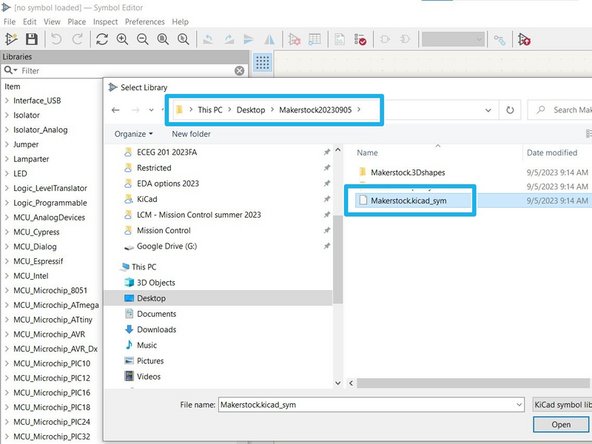Select File -> Add Library from the menu bar at the top.  Navigate to the location where you unzipped the .zip file you downloaded and select the Makerstock.kicad_sym file.
