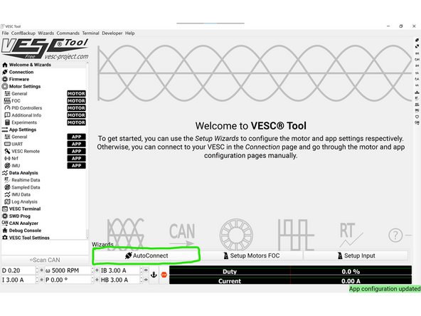 Click the AutoConnect button at the bottom of the screen. The VESC Tool should say Connected COM# in the bottom right