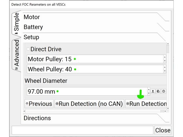 Change the motor pulley value to 15, wheel pulley to 40, and wheel diameter to 97 (if you have the speed upgrade, 48t pulley, or other wheels these values should be different). Then click run detection.