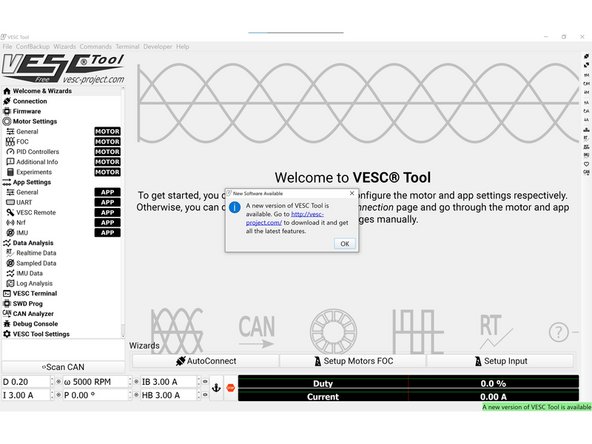 Once the VESC Tool is open you should get a popup saying that there is a new version available. Ignore this and click OK