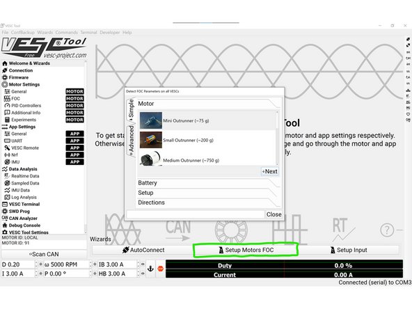 Click Setup Motors FOC at the bottom of the screen