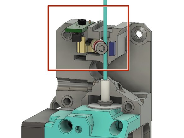 For stand-alone, single filament use, armature with bearing detects filament ABOVE Bondtech drive gears.