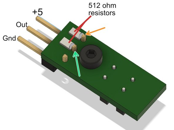 Addition of LED indicator to IR filament sensor board simplifies calibration and troubleshoot. Adds LED with 1K ohm series resistance between +5 to Out.