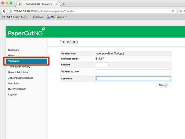 In the PaperCut web interface, click on Transfers in the left column.