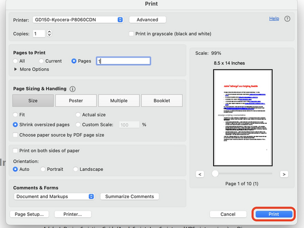 Back on the primary Print window, verify all settings are correct for this print job.