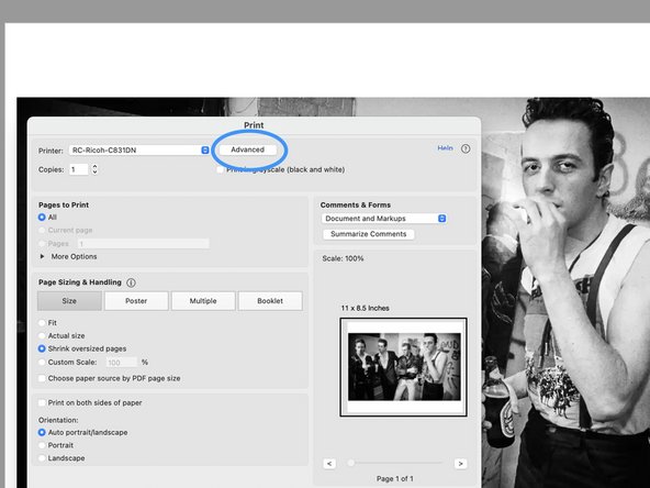 Click on the Advanced at the top of the main Print window.