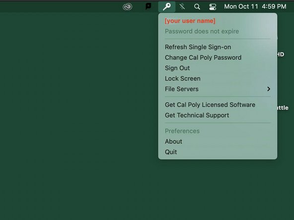 To verify, click on the Key Icon on the top toolbar.  If you see your user name and the same menu items pictured, your Cal Poly password has been successfully synchronized (updated) on this computer.