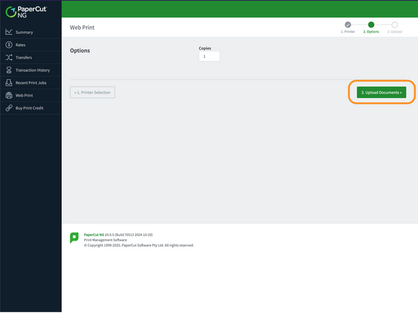 Verify or set the number of prints (default is 1 copy), and click the Upload Documents button.
