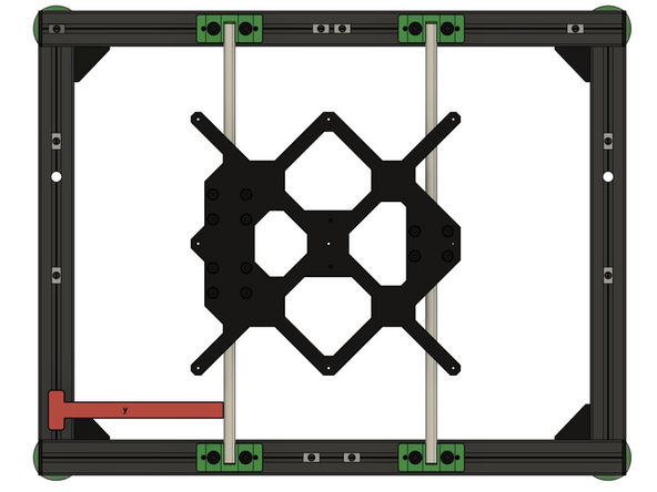 Nun setzen Sie das 10mm y-Kalibrierungswerkzeug unten auf die linke y-Achse des Rahmens und drücken die Stange dagegen.