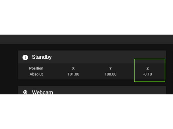 Wir können nun im Dashboard ganz oben unter Standby/Position das neue Z-offset ablesen.