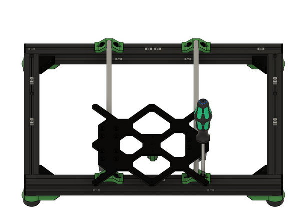 Fahren Sie anschließend den y-Schlitten nach ganz vorne und befestigen Sie die 2x M6x12mm Zylinderkopfschrauben in der y-Stangenhalterung rechts vorne.