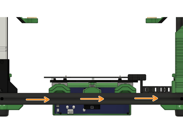 Ziehen Sie das Kabel des rechten z-Schrittmotors und das Kabel des u-Motors am L-Winkel vorbei, durch den hinteren Schlitz des hinteren x-Aluprofils, bis hinein in die Duet Box.