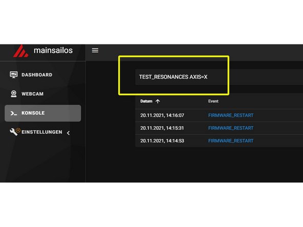 If the test was successful, we can use it TEST_RESONANCES AXIS = X start our measurement for the X axis.