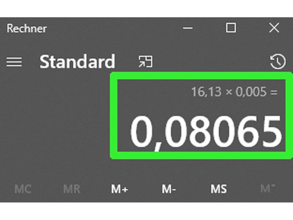 We multiply the measured value (here 16.13mm) by the factor used (here 0.005). So our PA value for this filament would be 0.08. The values are usually between 0.050 and 1,000.