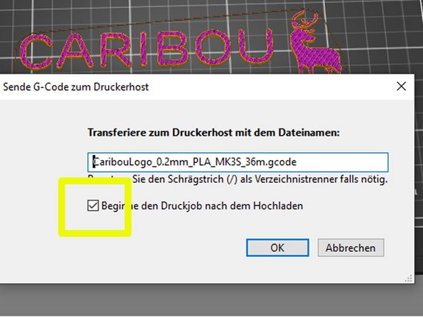 Es öffnet sich ein Fenster, in dem wir vor Beginne den Druckjob nach dem Hochladen noch ein Häkchen setzen müssen. Mit Klick auf OK wird der Druck gestartet.