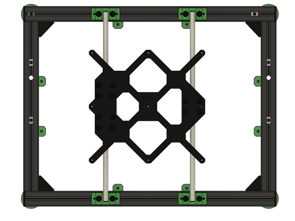 Schieben Sie die Bodenplatte seitlich so auf die zugehörigen Halterungen, dass die große Aussparung hinten auf dem Rahmen liegt und die kleine links oben.