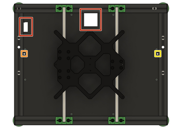 Heben Sie die Bodenplatte leicht an um das Kabel des linken z-Schrittmotors (kurz)  durch das kleine linke Loch zu führen.