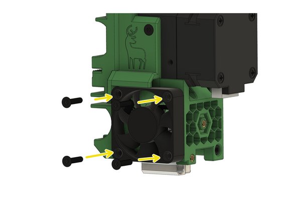 Use 4x M3x16mm flat socket head cap screws to fasten the extruder fan.