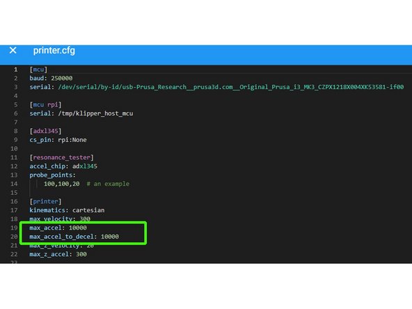 Wir öffnen nun in Mainsail unter &quot;Maschine&quot; printer.cfg und geben folgende Zeilen ein: [mcu rpi] serial: /tmp/klipper_host_mcu [adxl345] cs_pin: rpi:None [resonance_tester] accel_chip: adxl345 probe_points:     100,100,20  # an example
