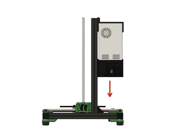 Das Netzteil wird auf der rechten Seite des Druckers, mithilfe des eben angebrachten Nutensteins, befestigt. Dieser wird in den hinteren Schlitz des rechten z-Profils geschoben.