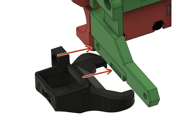 Richte die Löcher des Lüfterauslass und des Extruder Halters aufeinander aus und vergewissere dich, dass der Zapfen am Lüfterauslass in den Schlitz des Halters passt.