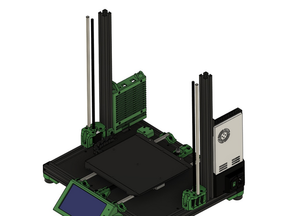 Die y-Ketten Halterung Rahmen wird auf der linken Seite des Druckers, mithilfe des eben angebrachten Nutensteins, befestigt. Dieser wird in den rechten Schlitz der linken z-Achse geschoben.