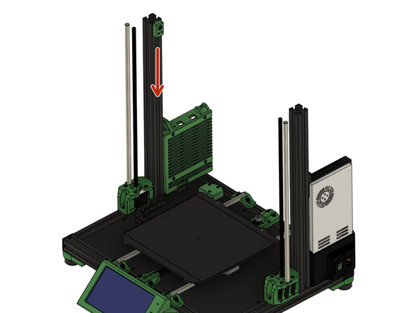 Die y-Ketten Halterung Rahmen wird auf der linken Seite des Druckers, mithilfe des eben angebrachten Nutensteins, befestigt. Dieser wird in den rechten Schlitz der linken z-Achse geschoben.