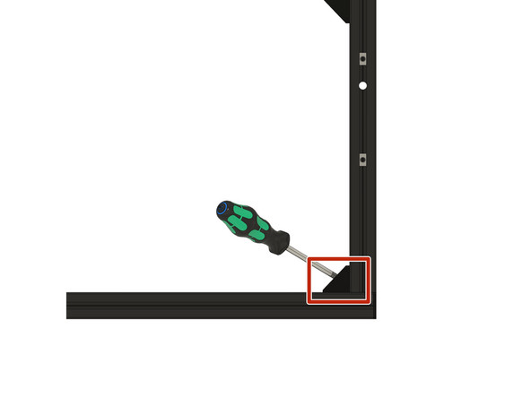 Drücken Sie die Eckwinkel in die Ecken und befestigen Sie die 4x M6x12mm Zylinderkopfschrauben der Eckwinkel an den y-Aluprofilen.