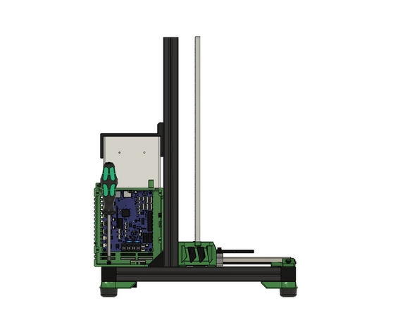 Nun müssen Sie den verbliebenen Nutenstein im hinteren x-Aluprofil auf das Loch auf der Unterseite der Duet Box ausrichten. In dieses Loch setzen Sie eine M6x12mm Zylinderkopfschraube und ziehen diese dann an.