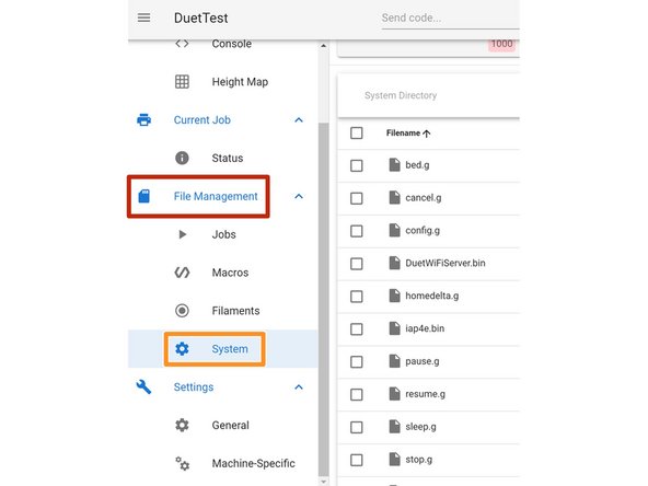 Wählen Sie in dem Duet Web Control folgende Schaltflächen aus:
