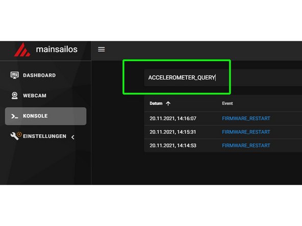 Zunächst testen wir die Funktion des ADXL345. Dazu öffnen wir Mainsail, geben in der Konsole ACCELEROMETER_QUERY ein und gehen auf SENDEN.  Es sollten nun drei Werte angezeigt werden. Ist das nicht der Fall, prüfen Sie noch einmal die Verkabelung.